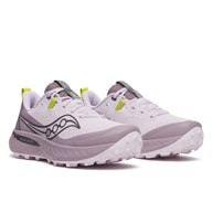 Peregrine 15 - Women by Saucony in light purple with grey and yellow accents, trail shoes with durable PWRTRAC outsole for rugged terrain