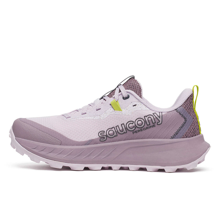 Peregrine 15 - Women by Saucony in light purple and grey with PWRTRAC outsole for durable grip, ideal trail running shoe for rugged terrain