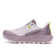Peregrine 15 - Women by Saucony in light purple and grey with PWRTRAC outsole for durable grip, ideal trail running shoe for rugged terrain