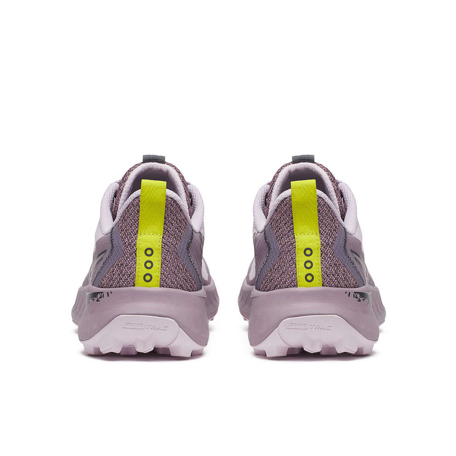 Peregrine 15 - Women by Saucony in purple and yellow with durable PWRTRAC outsole for rugged trail running and outdoor use