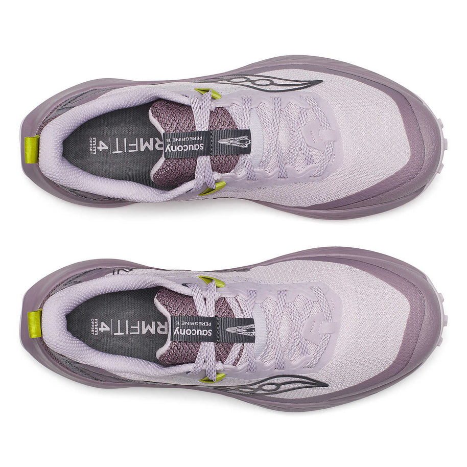 Peregrine 15 - Women by Saucony in light purple and grey with PWRTRAC outsole for durable grip on rugged trails and outdoor running