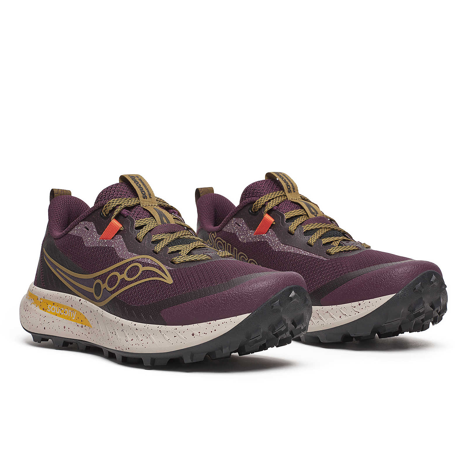 Peregrine 15 - Women by Saucony in purple and tan, trail running shoe with durable PWRTRAC outsole for rugged terrain and outdoor use