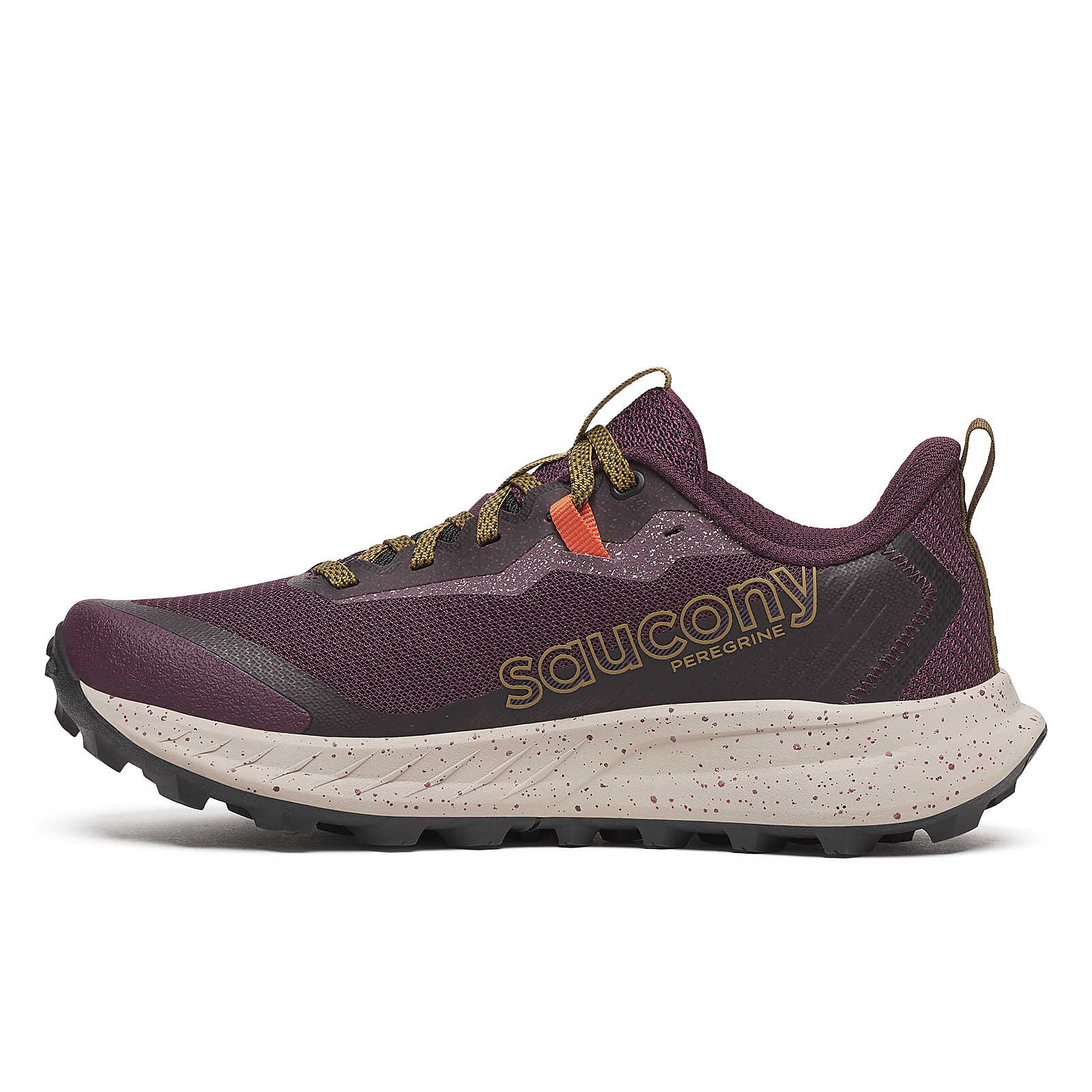Peregrine 15 - Women by Saucony in dark purple with beige speckled sole, durable trail shoe with PWRTRAC outsole for rugged terrain running