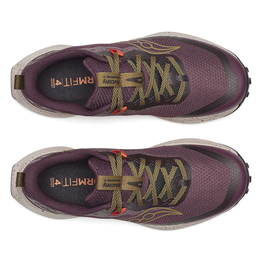 Peregrine 15 - Women by Saucony in purple and olive, trail running shoes with PWRTRAC outsole for durable grip on rough terrain