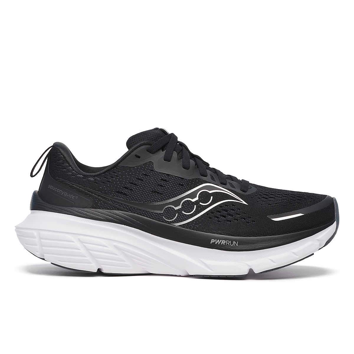 Guide 18 Wide - Women by Saucony in black with white midsole, cushioned running shoe with PWRRUN and CenterPath for road running