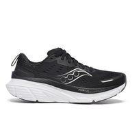 Guide 18 Wide - Women by Saucony in black with white midsole, cushioned running shoe with PWRRUN and CenterPath for road running