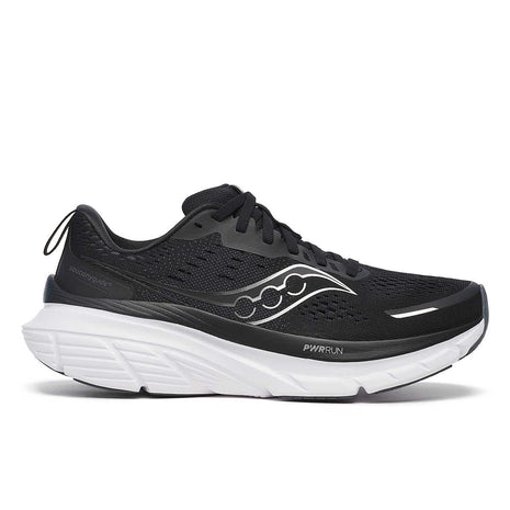 Guide 18 Wide - Women by Saucony in black with white midsole, cushioned running shoe with PWRRUN and CenterPath for road running