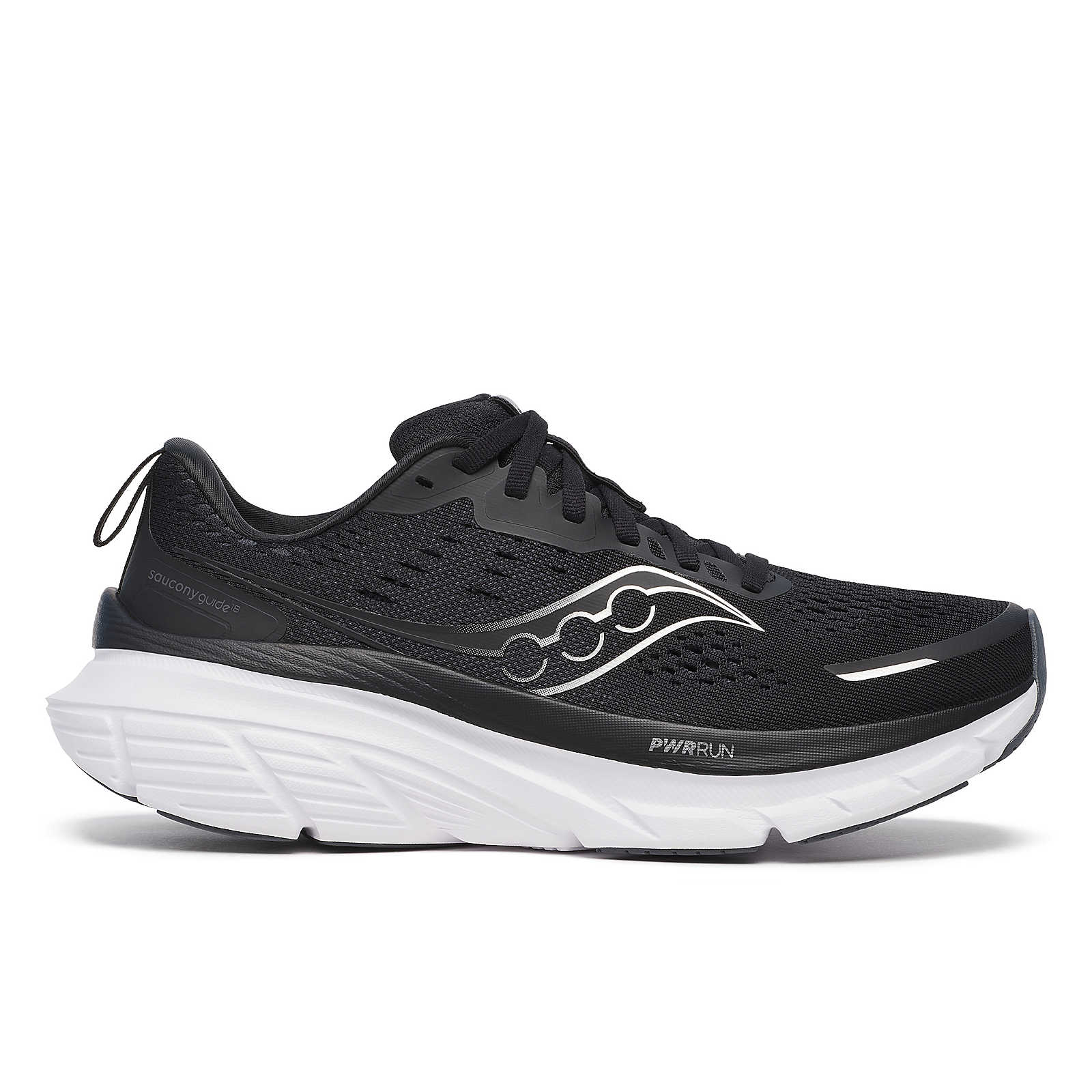 Guide 18 - Women by Saucony in black and white with PWRRUN cushioning, road running shoes designed for comfort and support in running.