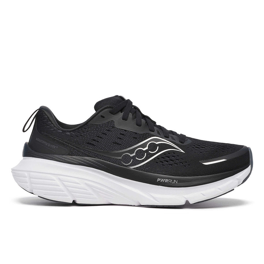 Guide 18 - Women by Saucony in black and white with PWRRUN cushioning, road running shoes designed for comfort and support in running.