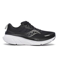 Guide 18 - Women by Saucony in black and white with PWRRUN cushioning, road running shoes designed for comfort and support in running.