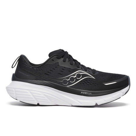 Guide 18 - Women by Saucony in black and white with PWRRUN cushioning, road running shoes designed for comfort and support in running.