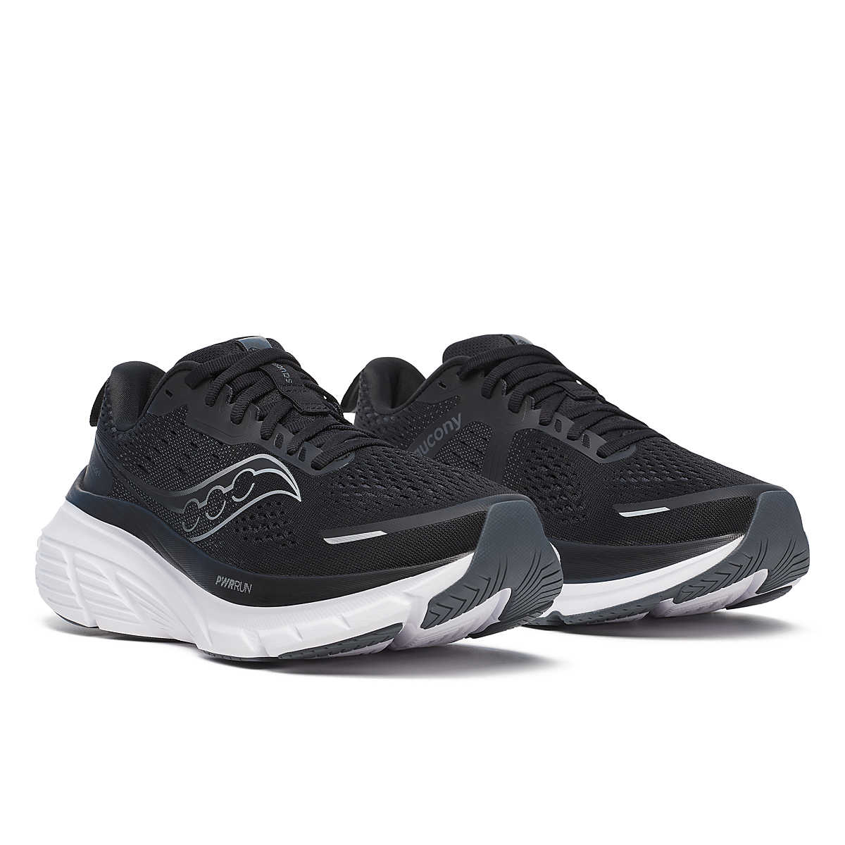 Guide 18 Wide - Women by Saucony in black and grey with PWRRUN cushioning, CenterPath technology, lightweight road running shoe