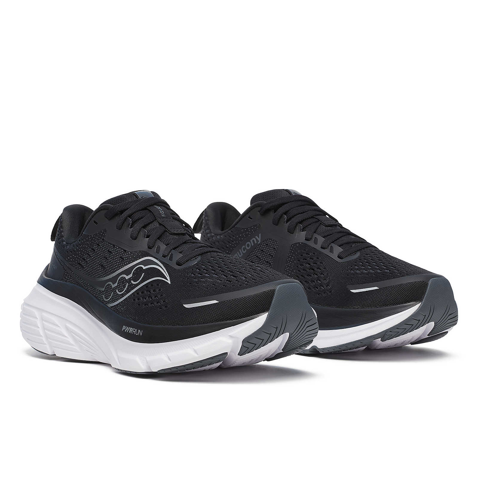 Guide 18 - Women by Saucony in black with enhanced PWRRUN cushioning and CenterPath technology for road running comfort and support