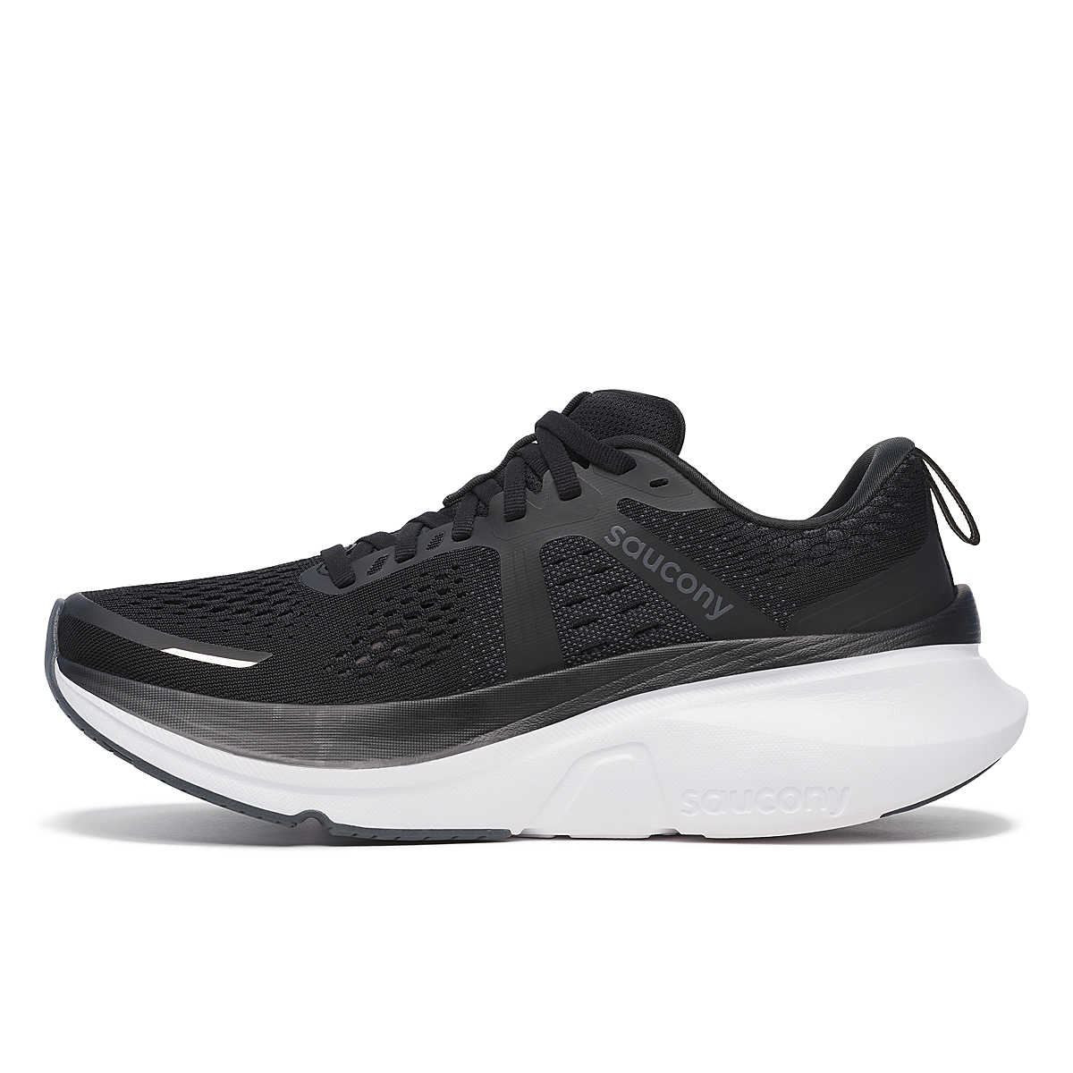 Guide 18 Wide - Women by Saucony in black and grey, cushioned road running shoe with PWRRUN technology for comfort and support