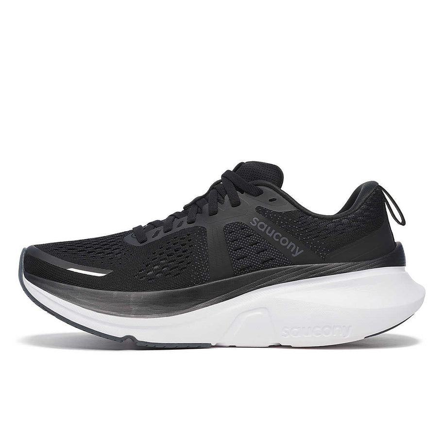 Guide 18 Wide - Women by Saucony in black and grey, cushioned road running shoe with PWRRUN technology for comfort and support