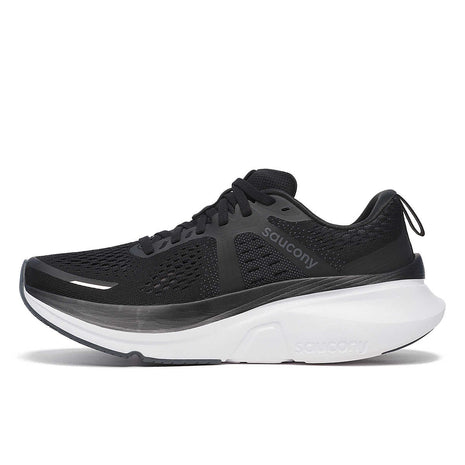 Guide 18 Wide - Women by Saucony in black and grey, cushioned road running shoe with PWRRUN technology for comfort and support