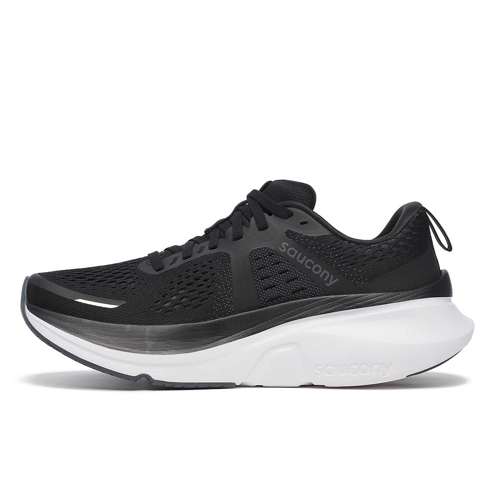 Guide 18 - Women by Saucony in black with white sole, lightweight road running shoes with PWRRUN cushioning for enhanced protection and comfort