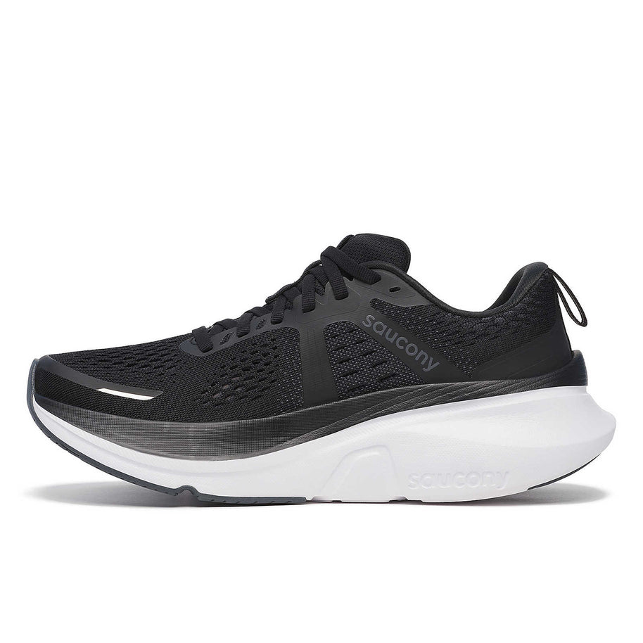 Guide 18 - Women by Saucony in black with white sole, lightweight road running shoes with PWRRUN cushioning for enhanced protection and comfort