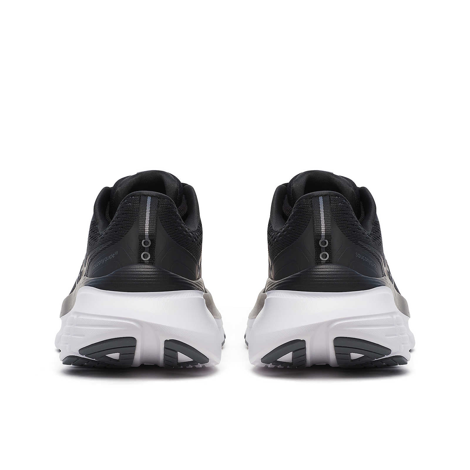 Guide 18 - Women by Saucony in black and white, cushioned road running shoes with PWRRUN for protection and CenterPath tech for stability