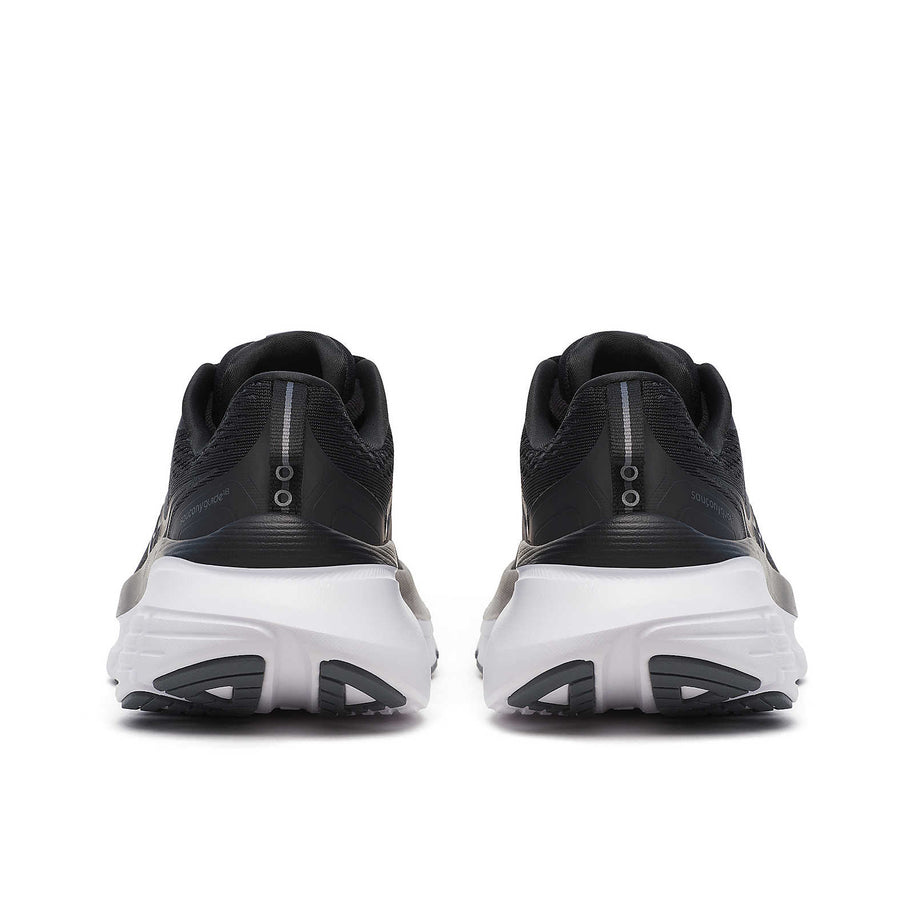 Guide 18 - Women by Saucony in black and white, cushioned road running shoes with PWRRUN for protection and CenterPath tech for stability