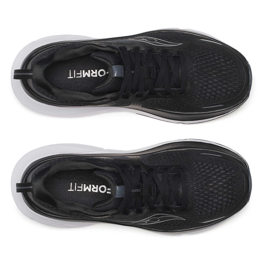 Guide 18 - Women by Saucony in black with enhanced PWRRUN cushioning and CenterPath technology, ideal for road running.