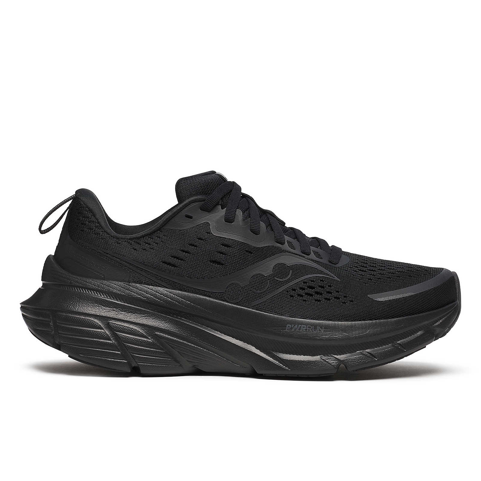 Guide 18 - Women by Saucony in black, cushioned road running shoe with PWRRUN midsole and CenterPath technology for comfort and stability