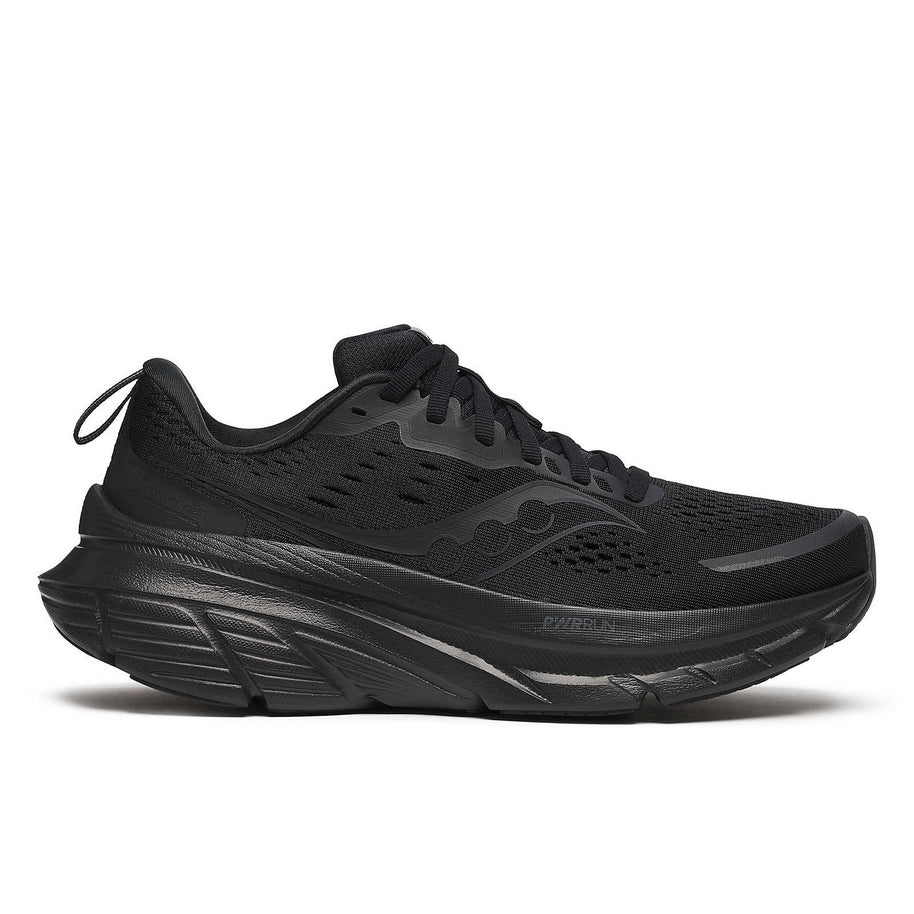 Guide 18 - Women by Saucony in black, cushioned road running shoe with PWRRUN midsole and CenterPath technology for comfort and stability