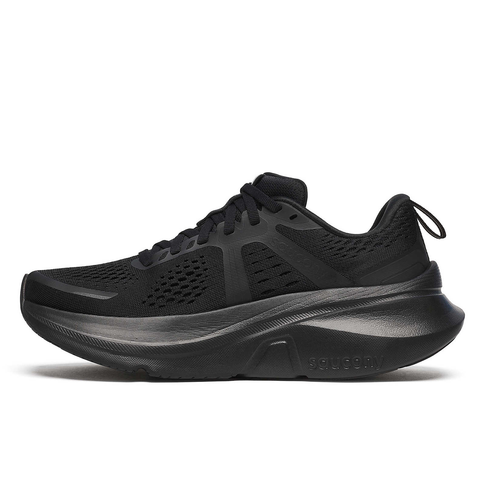 Guide 18 - Women by Saucony in black, cushioned road running shoe with PWRRUN midsole and CenterPath technology for comfort and protection