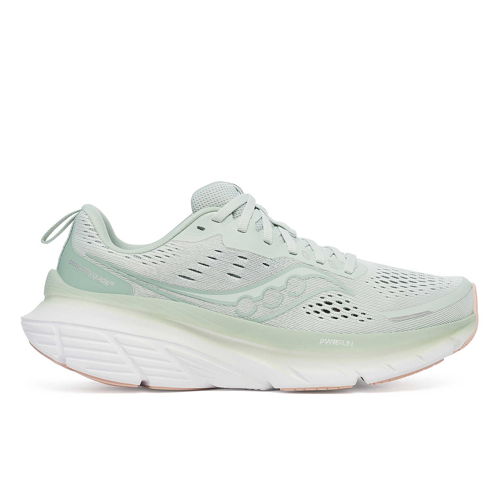Guide 18 - Women by Saucony in light green and white with PWRRUN cushioning, ideal road running shoes for comfort and protection