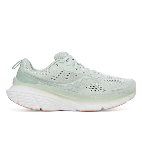 Guide 18 - Women by Saucony in light green and white with PWRRUN cushioning, ideal road running shoes for comfort and protection