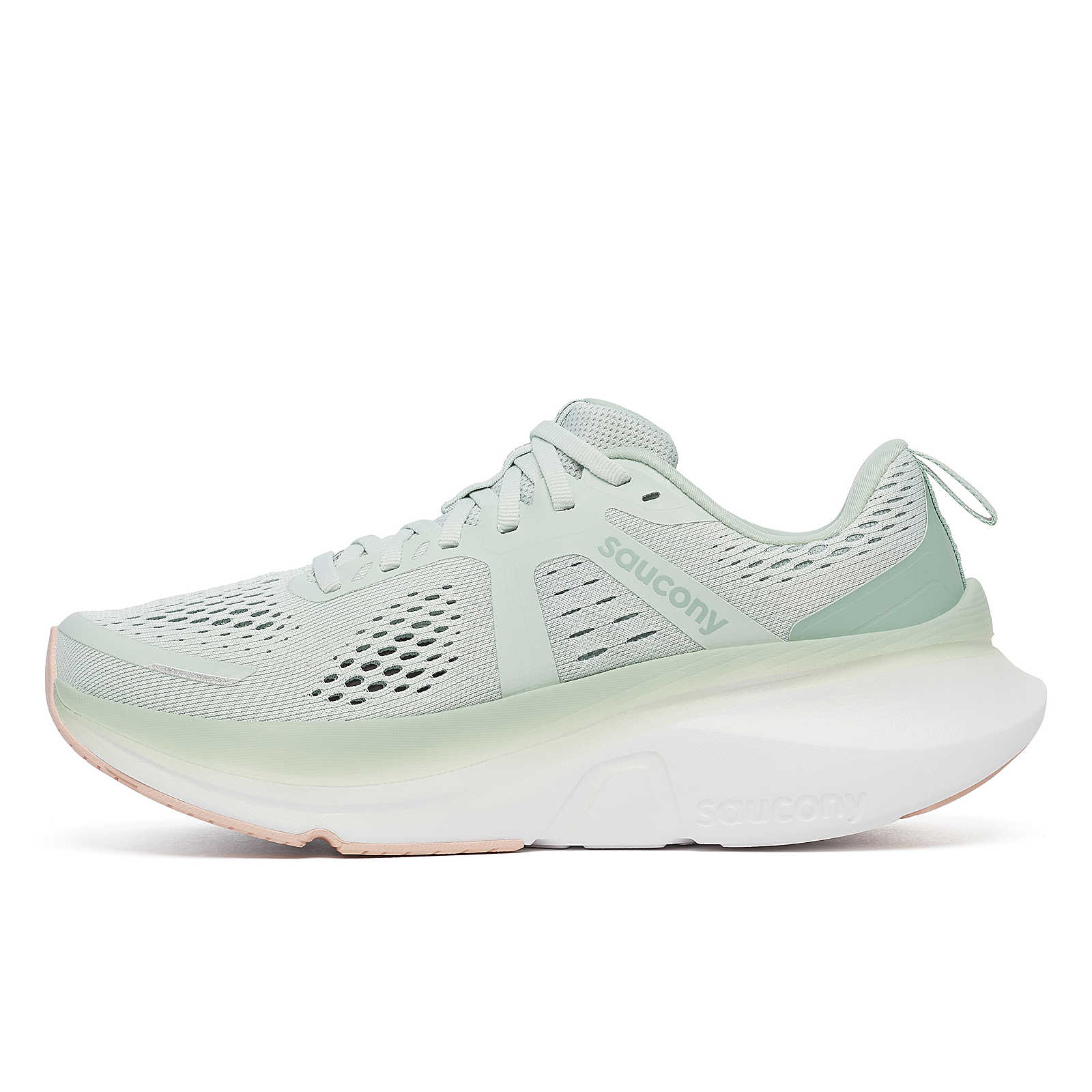 Guide 18 - Women by Saucony in light green and white, cushioned road running shoe with PWRRUN midsole for comfort and protection