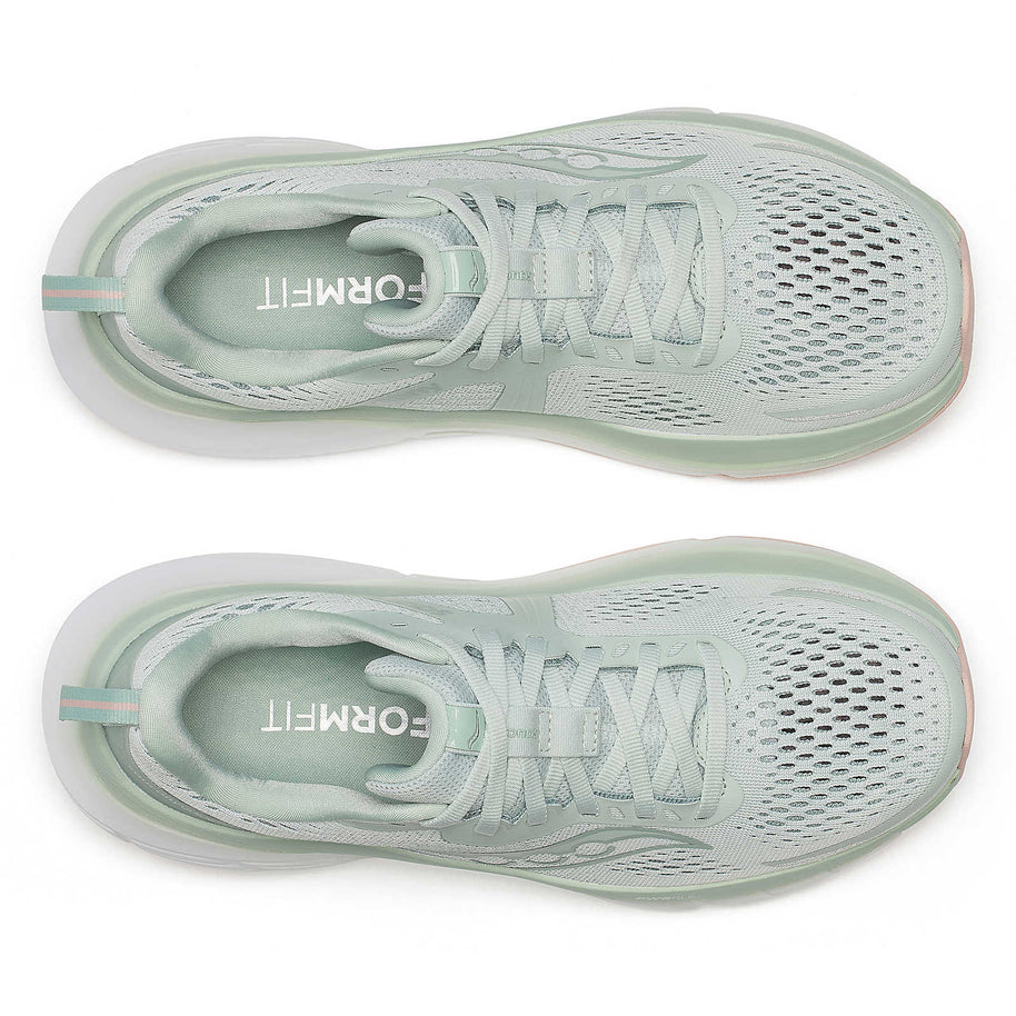 Guide 18 - Women by Saucony in light green and white, cushioned running shoes with PWRRUN and CenterPath technology for road running comfort