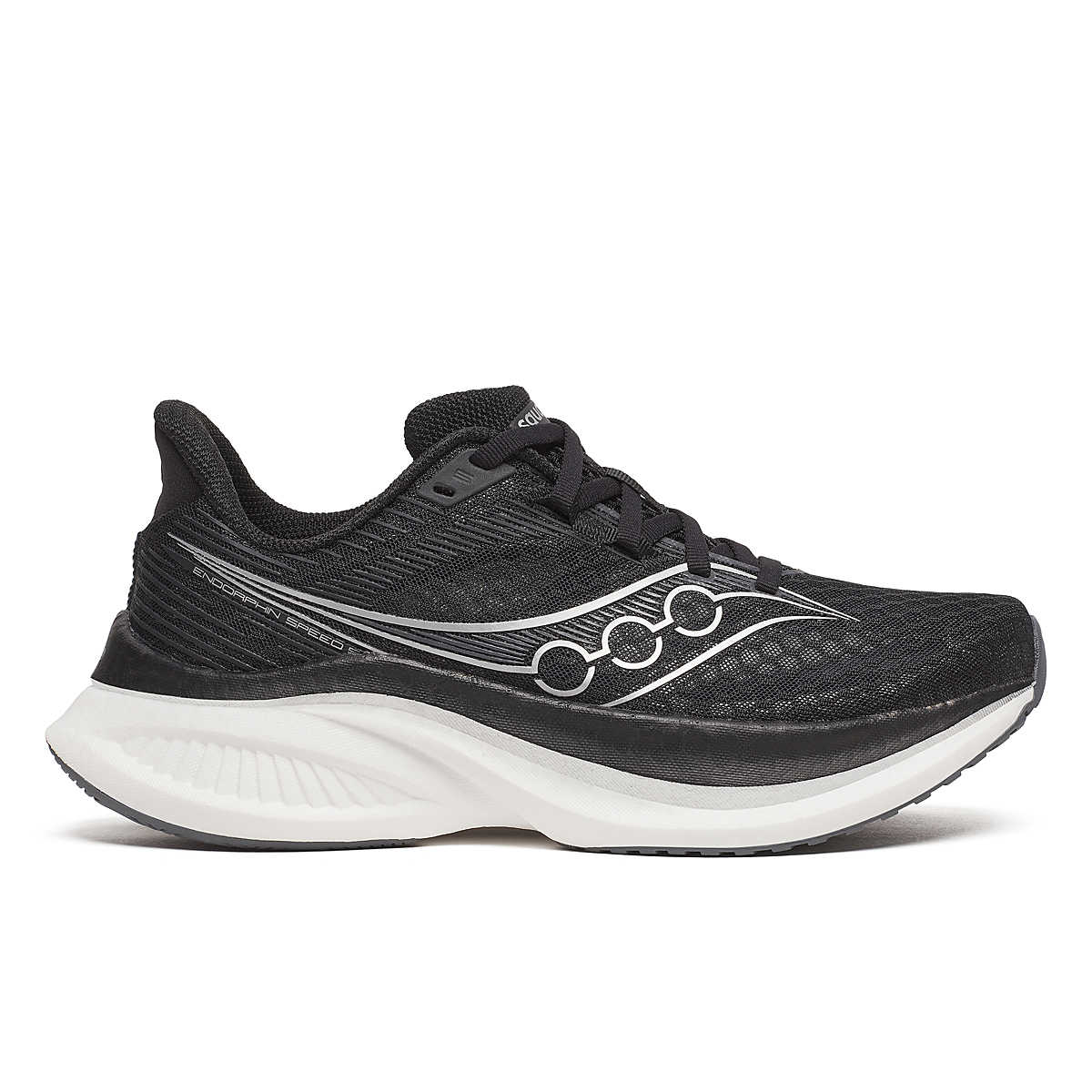 Endorphin Speed 5 - Women by Saucony in black and white, lightweight road running shoe with nylon plate and PWRRUN PB cushioning for speed and smooth strides