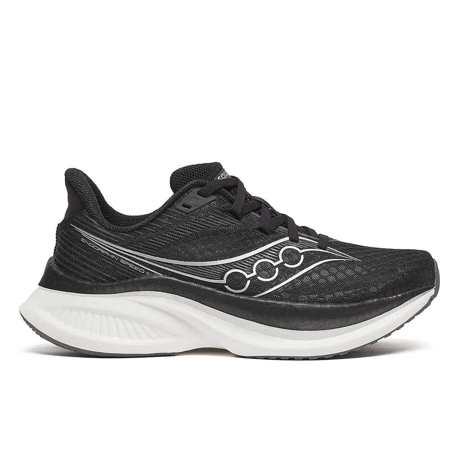 Endorphin Speed 5 - Women by Saucony in black and white, lightweight road running shoe with nylon plate and PWRRUN PB cushioning for speed and smooth strides