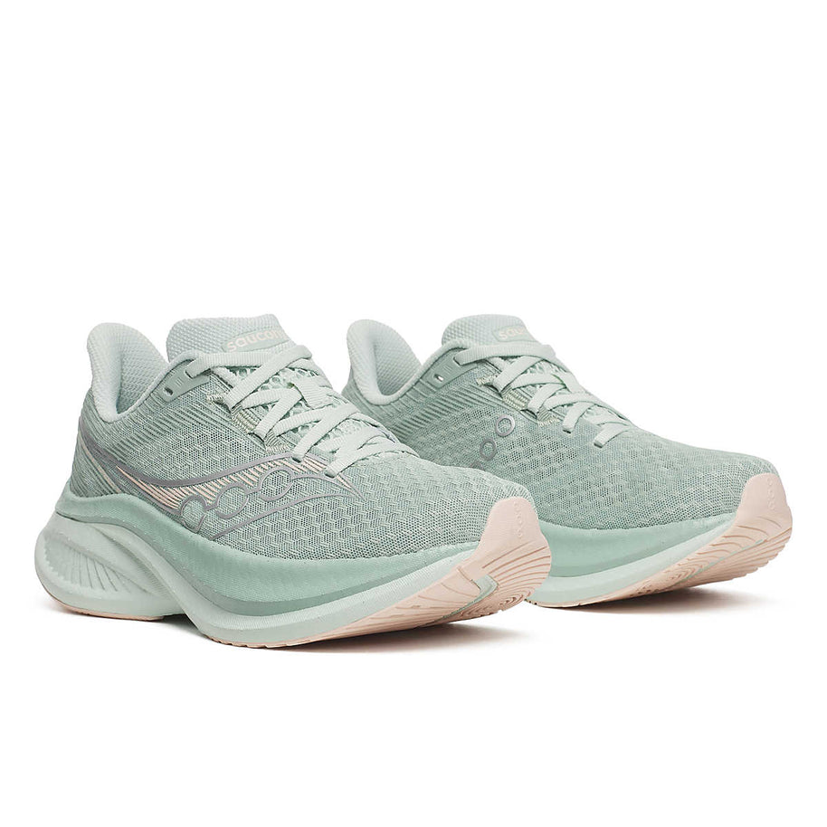 Endorphin Speed 5 - Women by Saucony in light green and beige with nylon plate and PWRRUN PB cushioning for fast road running and racing