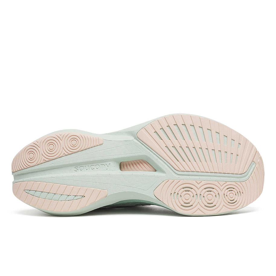 Endorphin Speed 5 - Women by Saucony in grey and pale pink, lightweight road running shoe with nylon plate and PWRRUN PB cushioning for speed and smooth strides