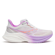 Endorphin Speed 5 - Women by Saucony in white and purple with nylon plate and PWRRUN PB cushioning for fast road running