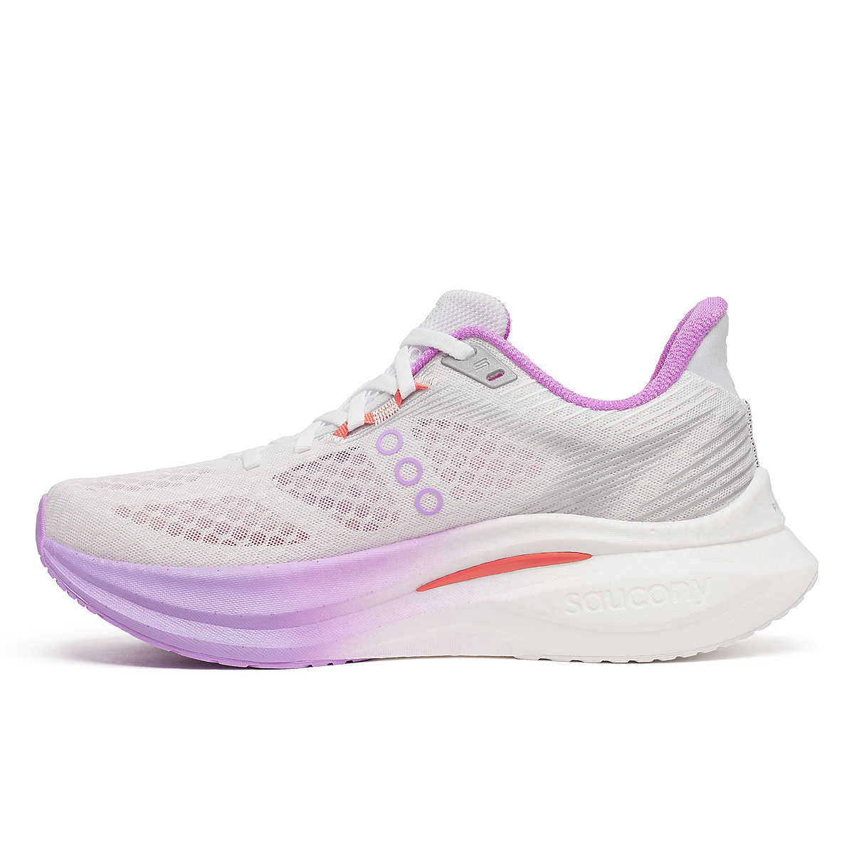 Endorphin Speed 5 - Women by Saucony in white and lavender with nylon plate and PWRRUN PB cushioning for fast road running