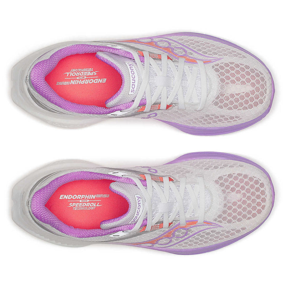 Endorphin Speed 5 - Women by Saucony in white and lavender with nylon plate and PWRRUN PB cushioning for fast road running