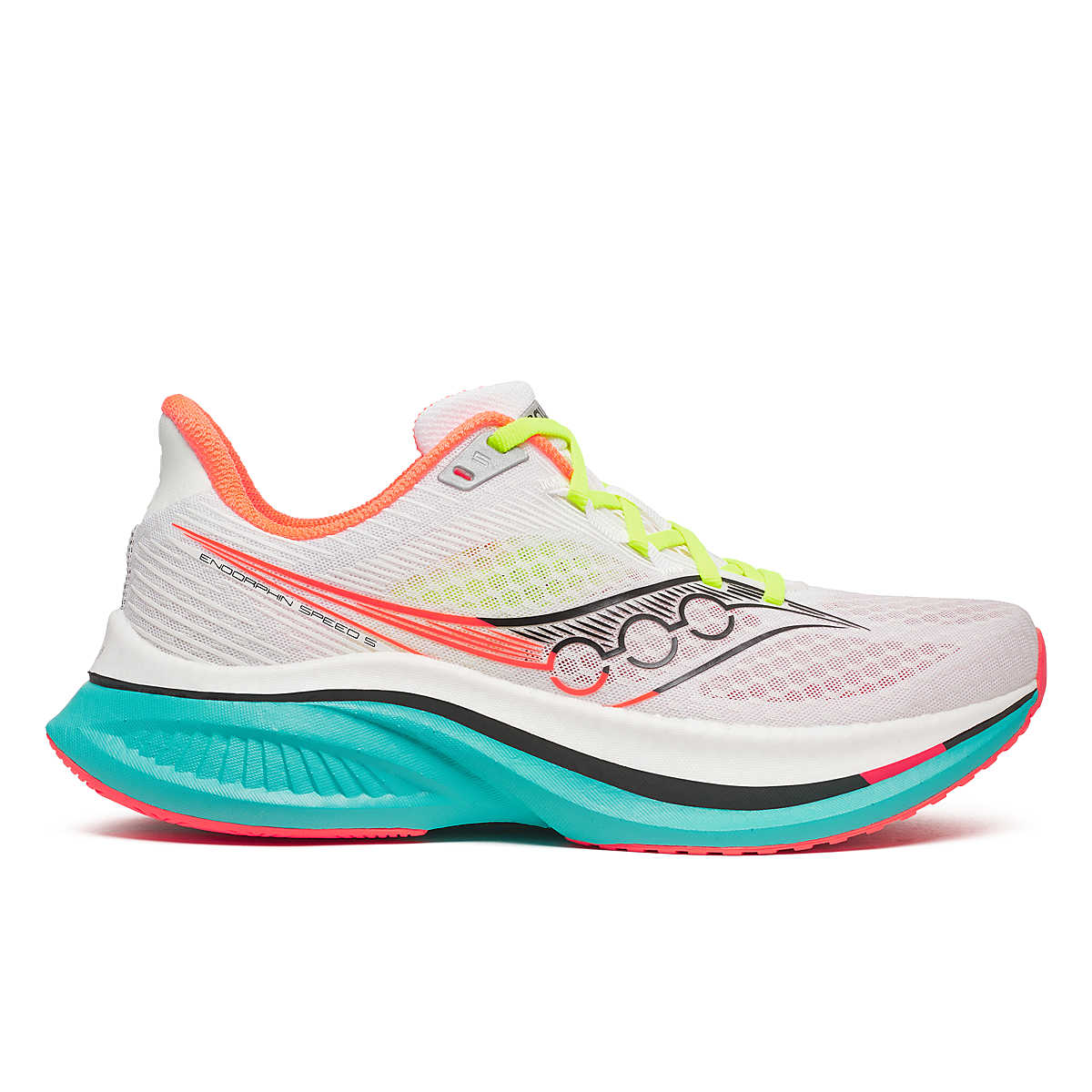Endorphin Speed 5 - Women by Saucony in white and turquoise with nylon plate and PWRRUN PB cushioning for fast road running