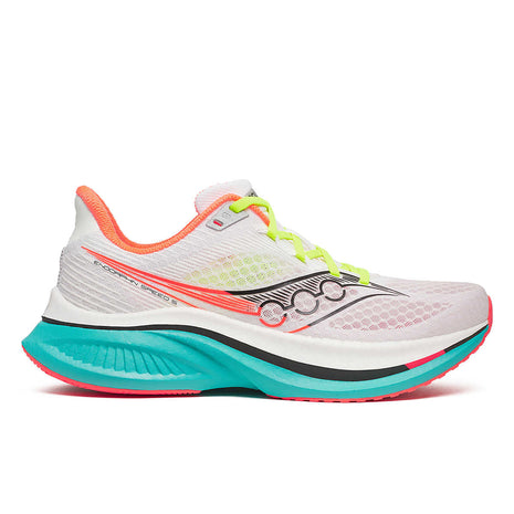 Endorphin Speed 5 - Women by Saucony in white and turquoise with nylon plate and PWRRUN PB cushioning for fast road running