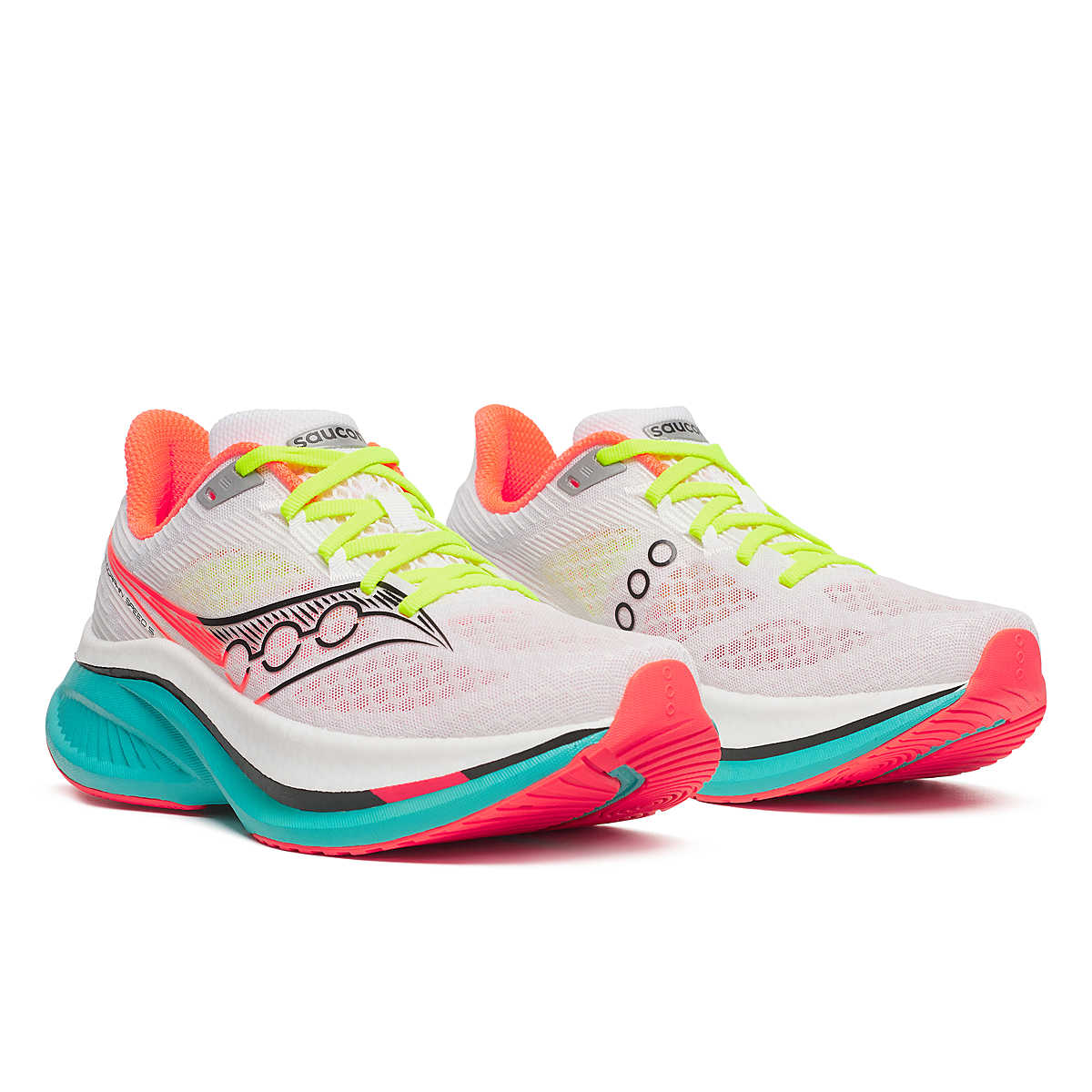 Endorphin Speed 5 - Women by Saucony in white coral and teal with nylon plate and PWRRUN PB cushioning for fast road running and racing
