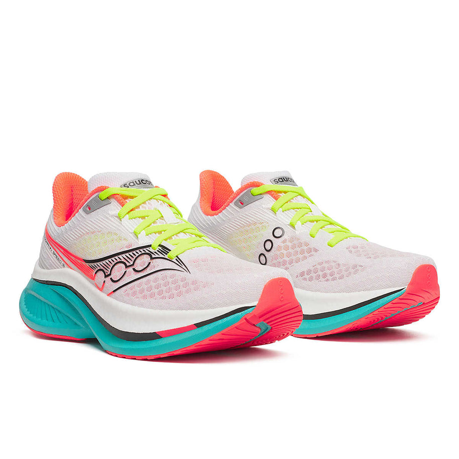 Endorphin Speed 5 - Women by Saucony in white coral and teal with nylon plate and PWRRUN PB cushioning for fast road running and racing
