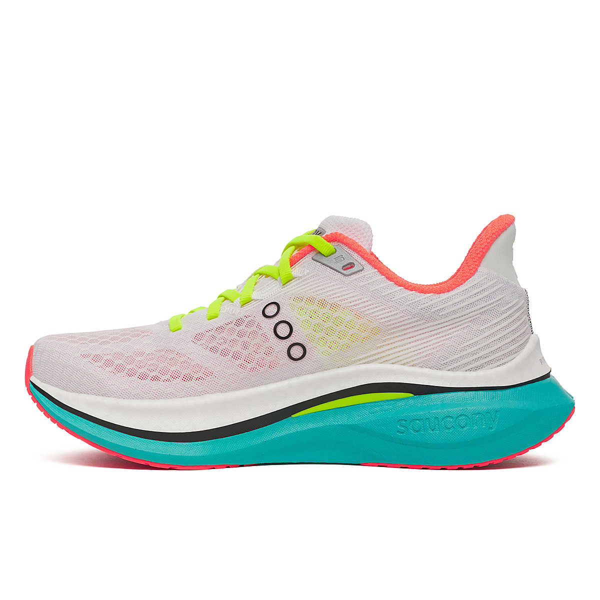 Endorphin Speed 5 - Women by Saucony in white with neon green and coral, lightweight road running shoe for speed and smooth strides