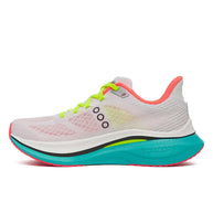 Endorphin Speed 5 - Women by Saucony in white with neon green and coral, lightweight road running shoe for speed and smooth strides
