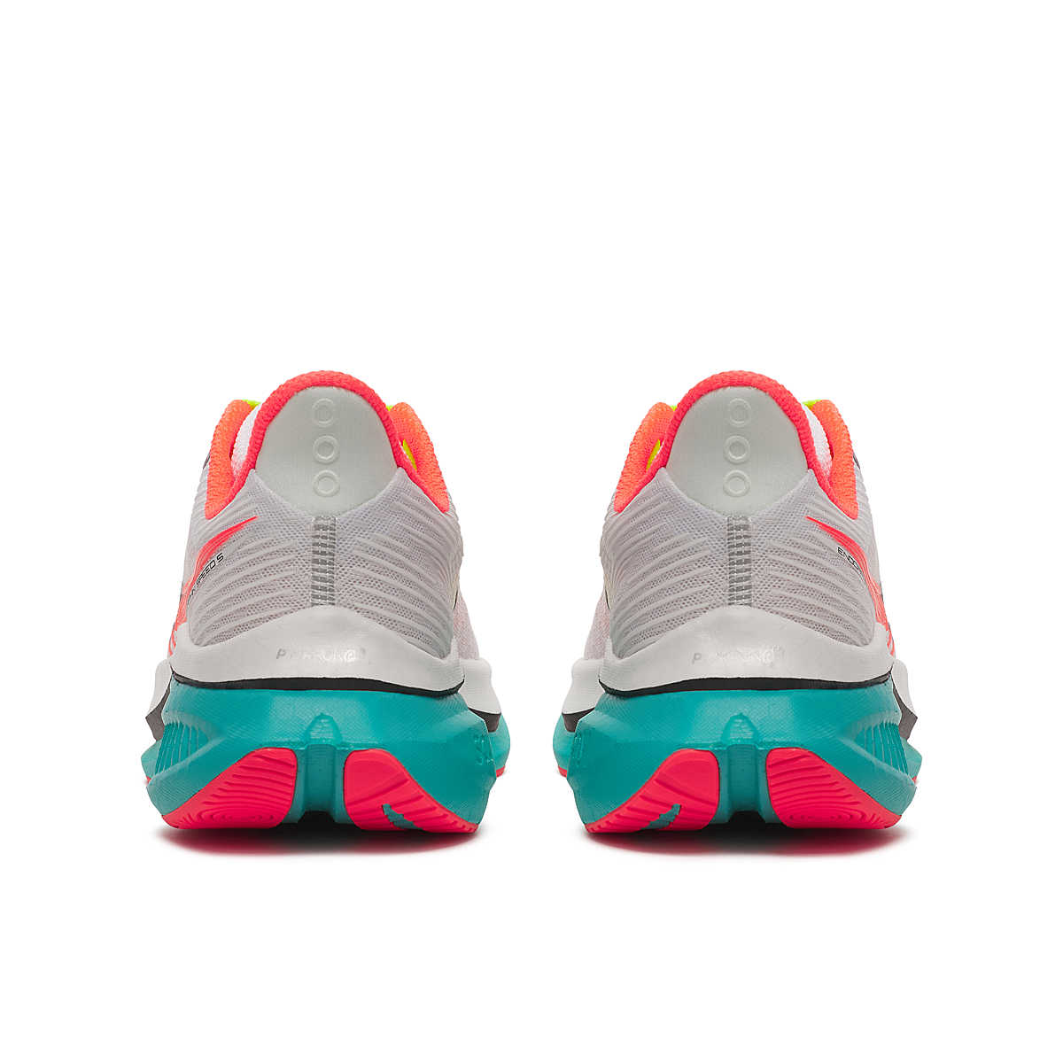 Endorphin Speed 5 - Women by Saucony in white, teal, and coral with nylon plate and PWRRUN PB cushioning for road running and speed