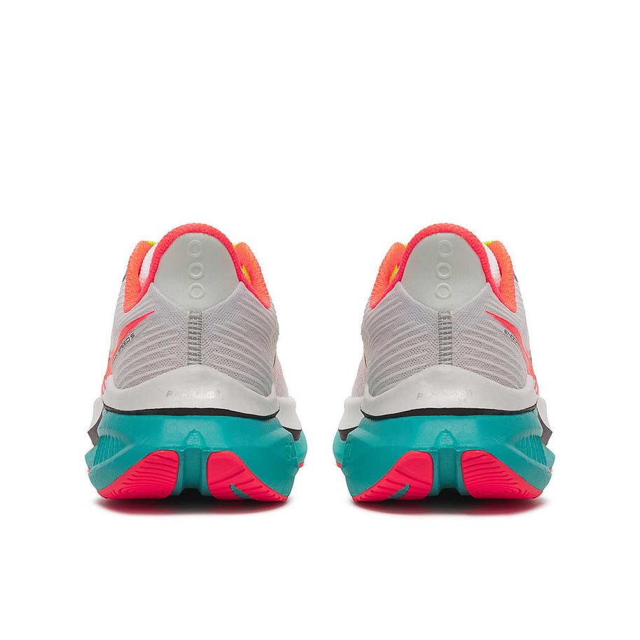 Endorphin Speed 5 - Women by Saucony in white, teal, and coral with nylon plate and PWRRUN PB cushioning for road running and speed