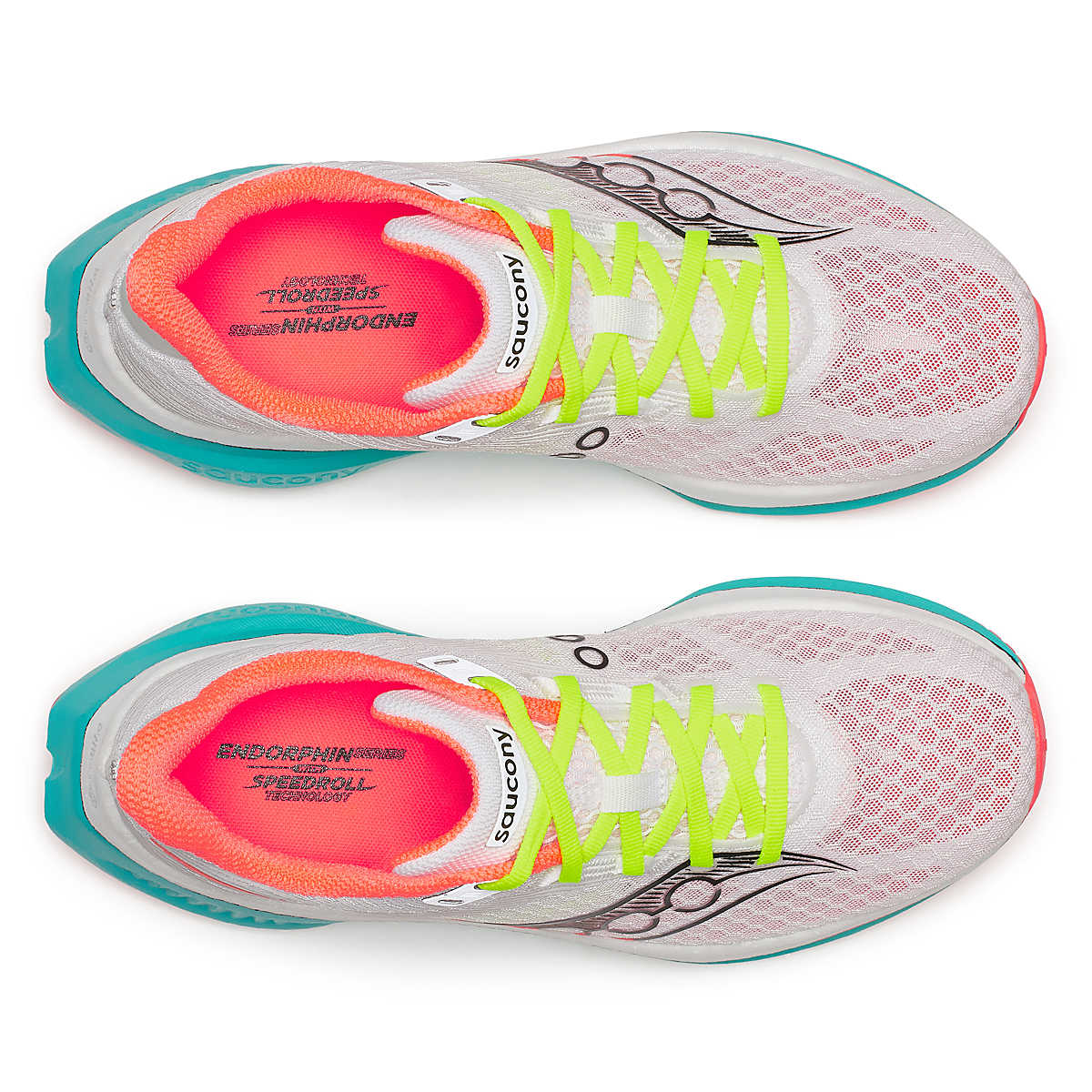 Endorphin Speed 5 - Women by Saucony in white and neon green with nylon plate and PWRRUN PB cushioning, designed for road running.