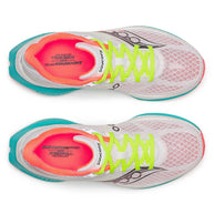 Endorphin Speed 5 - Women by Saucony in white and neon green with nylon plate and PWRRUN PB cushioning, designed for road running.
