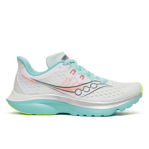 Kinvara 16 - Women by Saucony in white and light turquoise with PWRRUN cushioning for lightweight, smooth, energized road running shoes